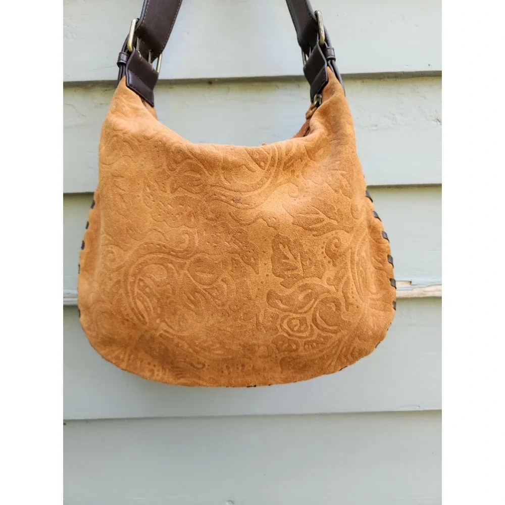 Vintage Y2K Bisou Bisou Hobo Bag Tan Suede Paisley Embossed Whipstitch Medium